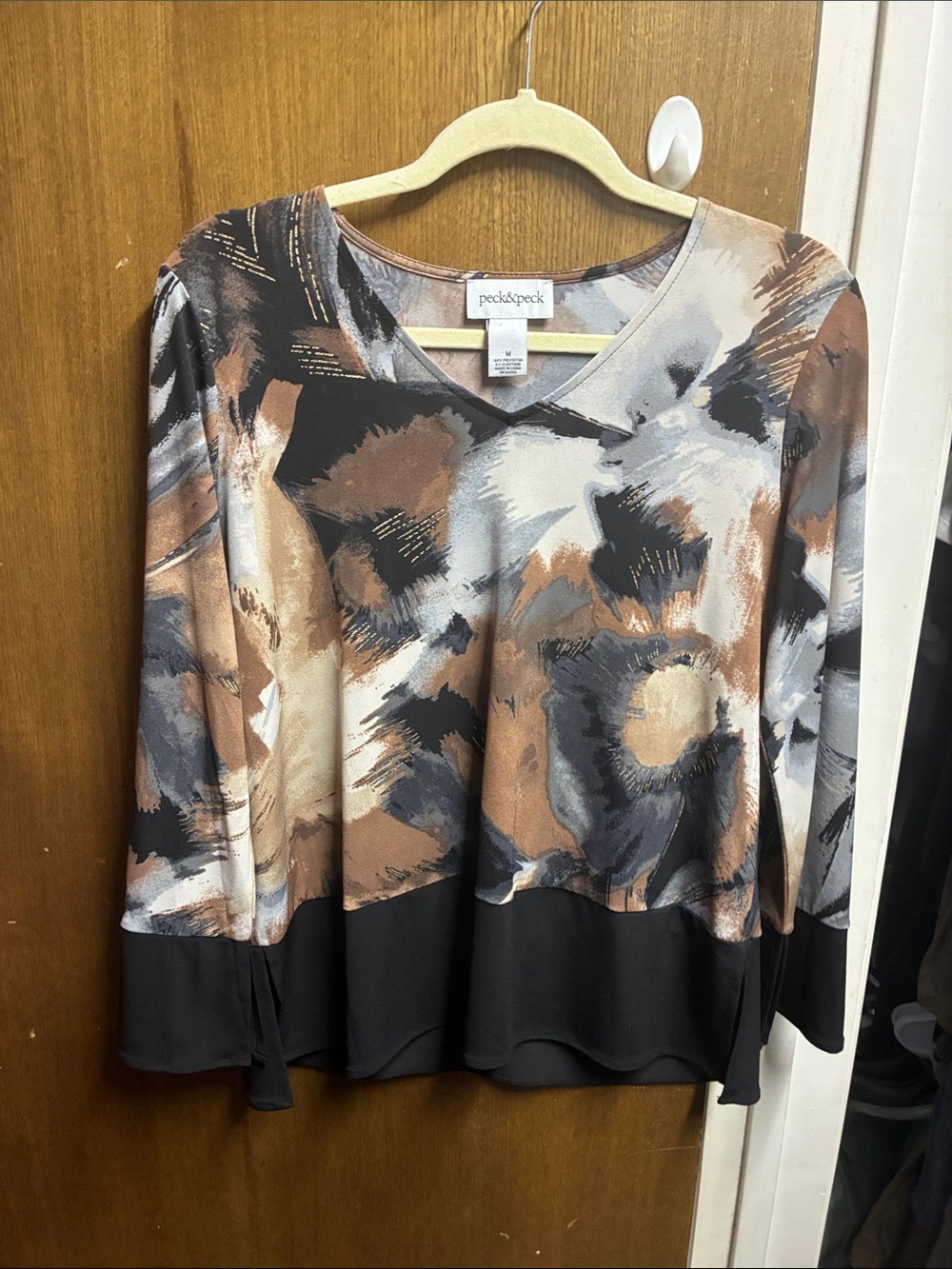 Peck & Peck Brown, Black & Cream Abstract V-Neck Long Sleeve Top